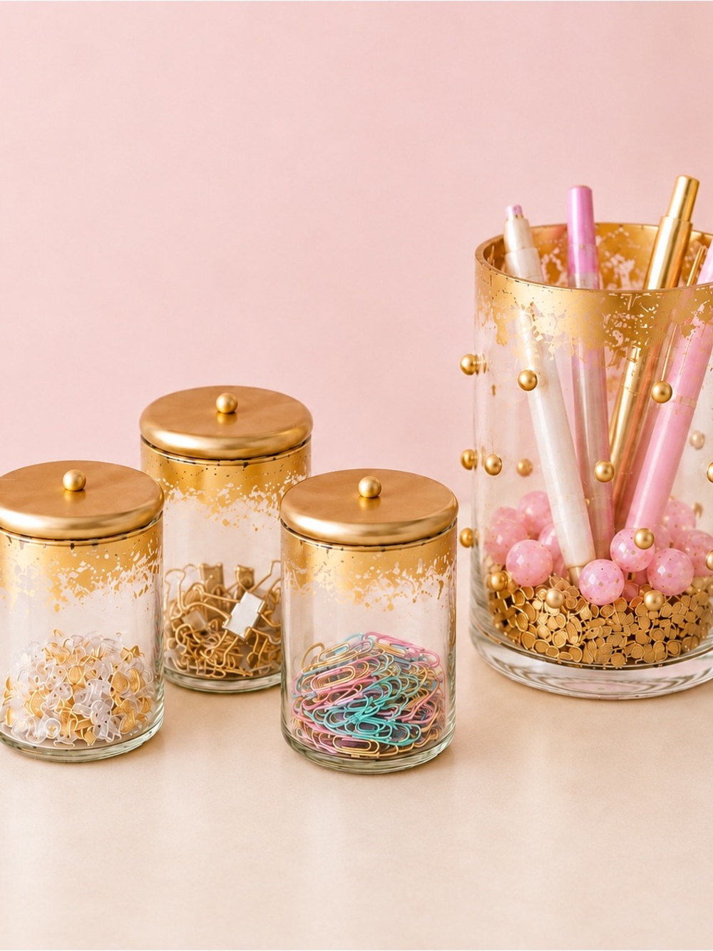 Gold and Glass Desk Accessories Set- Pen Holder and Storage Jars